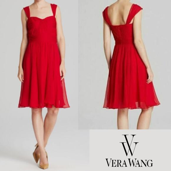 Vera Wang Red Chiffon Sweetheart Neckline Fit & Flare Ruched Cocktail Dress, S - Picture 1 of 9